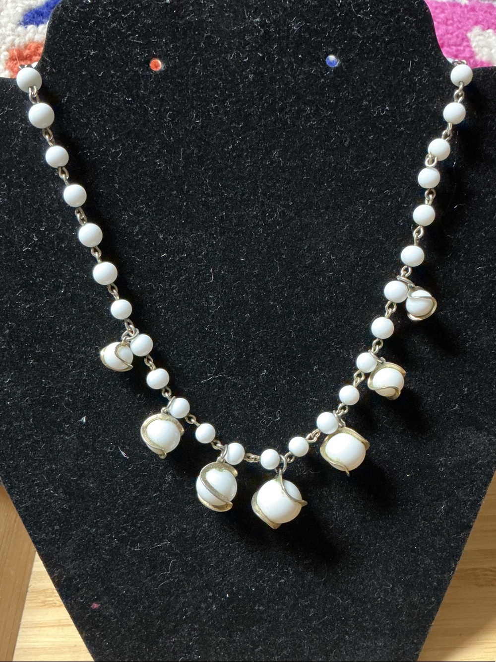 Vintage Milk Glass Beaded Drop Necklace with Dangling Orbs